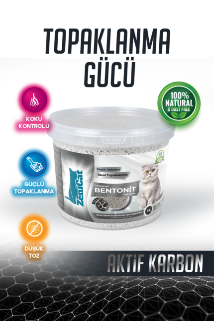 Aktif Karbonlu Kedi Kumu 5 Lt İnce Taneli Bentonit  ZeniCat