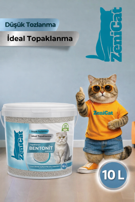 ZeniCat Naturel Bentonit Kedi Kumu 10 Lt – Kokusuz, %100 Doğal, Toz Oranı Azaltılmış, Güçlü Topaklanan