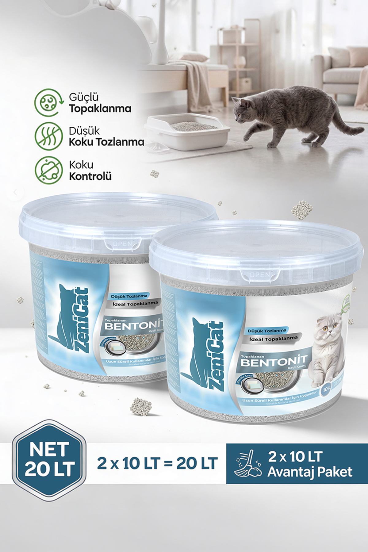 2`Li Görsel Marsilya Sabunlu Kedi Kumu 2x10 Lt İnce Taneli Bentonit ZeniCat - Görsel 1