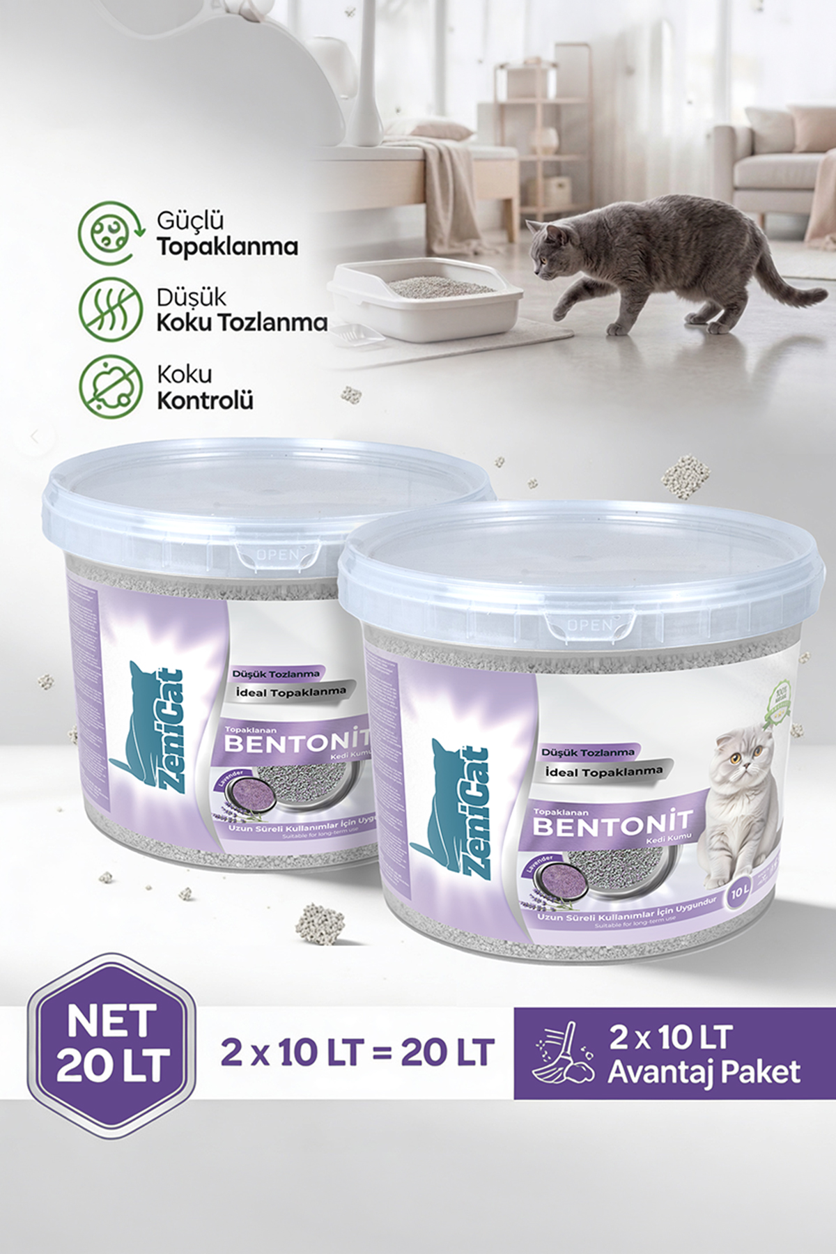 2`Li Görsel Lavantali Kedi Kumu 2x10 Lt İnce Taneli Bentonit ZeniCat - Görsel 1