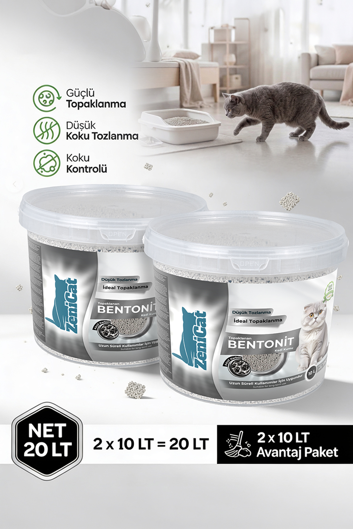 2`Li Görsel Aktif Karbonlu Kedi Kumu 2x10 Lt İnce Taneli Bentonit ZeniCat - Görsel 1
