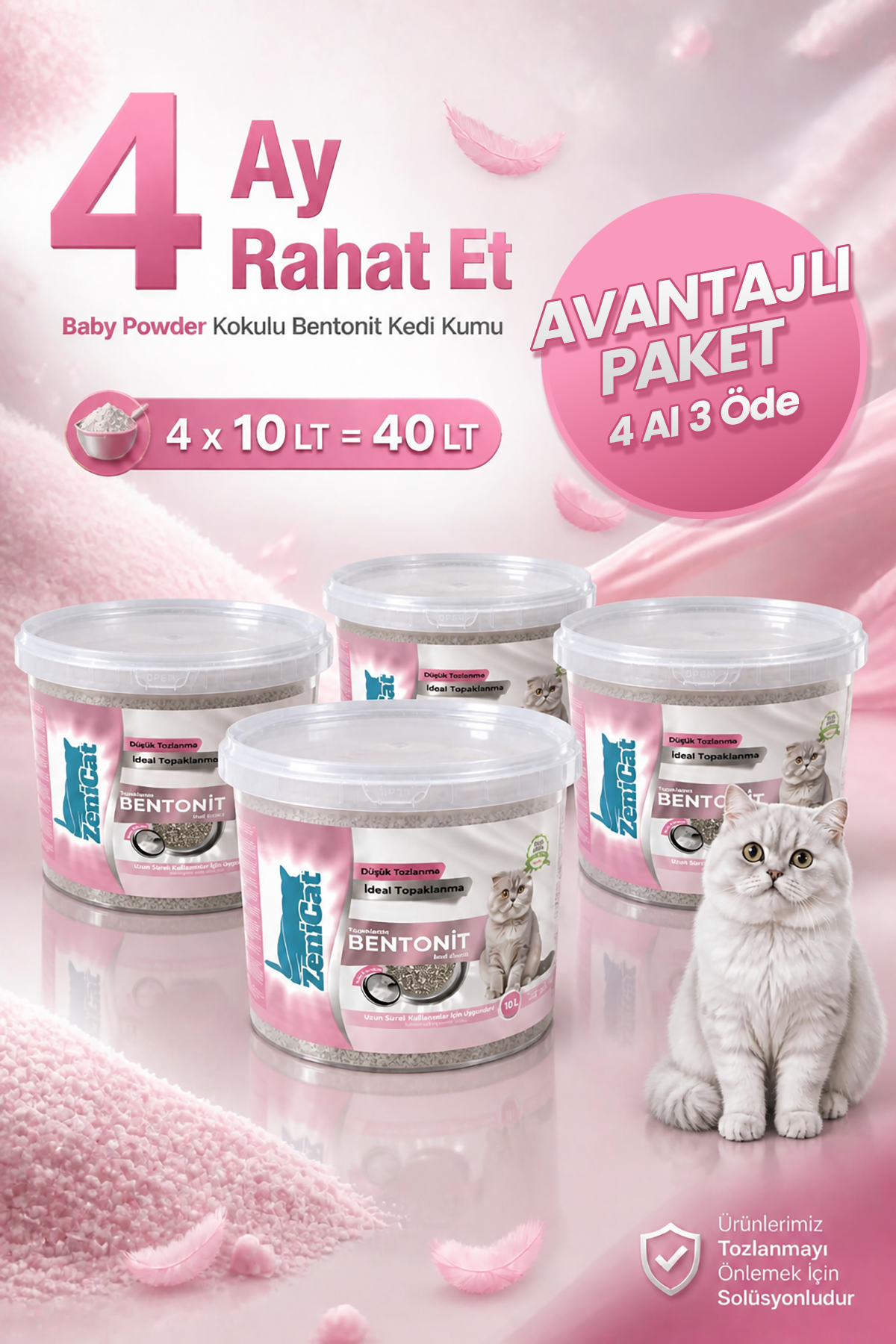BabyPowder-1200x1800-2 4 Al 3 Öde! Bebek Pudralı Kedi Kumu 4x10 Lt İnce Taneli Bentonit ZeniCat - Görsel 1