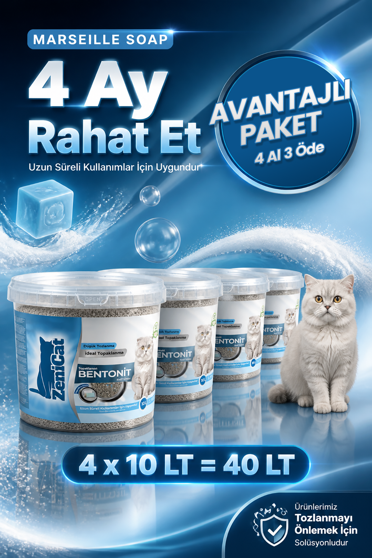 Marsilya-1200x1800-2 4 Al 3 Öde! Marsilya Sabunlu Kedi Kumu 4x10 Lt İnce Taneli Bentonit ZeniCat - Görsel 1