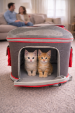 Premium Fileli Gri-Kırmızı Kedi Taşıma Çantası